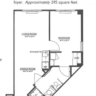 Floor plan of a one-bedroom apartment with approximately 595 square feet.