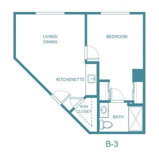 Floor plan of a one-bedroom apartment with living/dining area, kitchen, and bathroom.