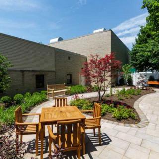 A serene outdoor garden with wooden furniture surrounded by lush greenery and a winding pathway.