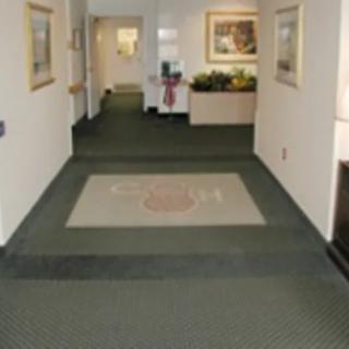 A view of a carpeted hallway in a building with artwork on the walls.