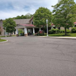 A serene view of a building set amidst lush greenery, with a well-maintained road leading to its entrance.
