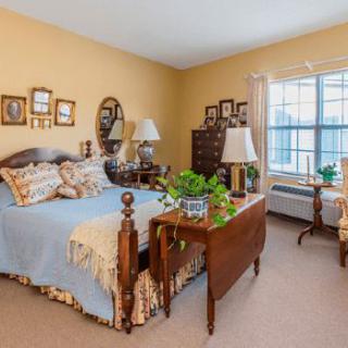 A cozy bedroom with traditional decor and vintage furniture, featuring warm colors and plants by the window.