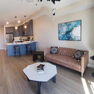 A beautifully designed modern living space with an open kitchen and stylish furnishings.