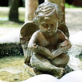 A serene statue of an angel reading a book in a fountain.