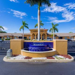 A vibrant outdoor setting featuring a central fountain surrounded by palm trees under a clear blue sky.