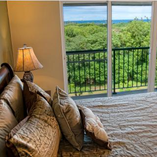 A cozy bedroom with a bed adorned with pillows, featuring a window view overlooking a green landscape.