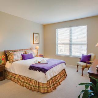 A cozy bedroom with a neatly made bed featuring purple accents and a large window letting in natural light.