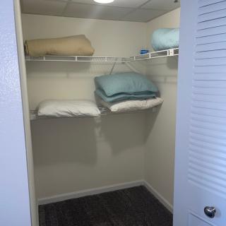 A neatly organized closet with shelves holding linens and blankets.