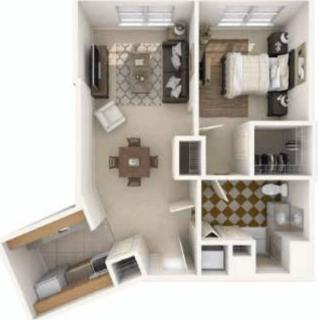 A 3D floor plan of a one-bedroom apartment, featuring a living room, kitchen, bathroom, and dining area.