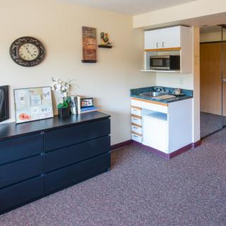 A compact studio apartment with a small kitchenette and a dresser, featuring minimalist decor.