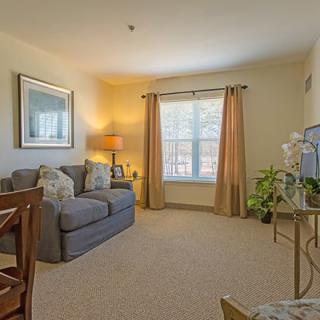 A cozy living room with a sofa, television, and natural lighting from the window.