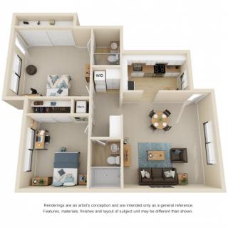 A 3D floor plan of a modern two-bedroom apartment featuring a living room, dining area, kitchen, and bathroom.