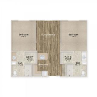 A floor plan showing the layout of an apartment with two bedrooms and two bathrooms.