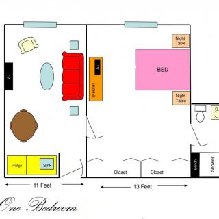 Floor plan of a one-bedroom apartment with designated living, kitchen, and bathroom areas.