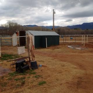 A rustic farm scene featuring a green barn and fenced area under a cloudy sky.