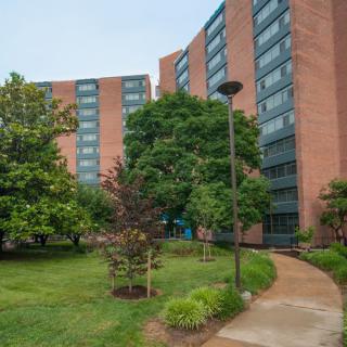 A residential building surrounded by lush greenery and a neatly maintained pathway.