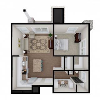 An overhead view of a one-bedroom apartment floor plan, featuring a living room, kitchen, and bathroom.