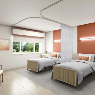 A contemporary bedroom featuring two neatly arranged single beds, complemented by warm earthy tones and ample natural light.