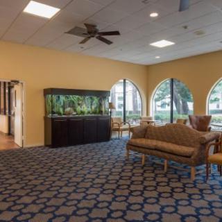 A spacious waiting room with an aquarium, seating area, and large windows.