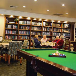 A cozy library setting with a billiards table in the foreground and people gathered at a table in the background.