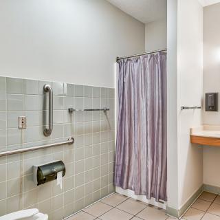 An accessible bathroom with a shower curtain and grab bars.