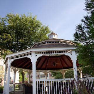 A charming gazebo surrounded by lush greenery under a clear blue sky.