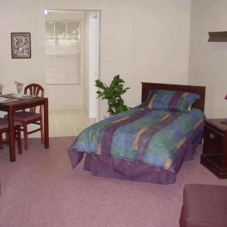 A cozy bedroom with a single bed, table, chairs, and indoor plant.