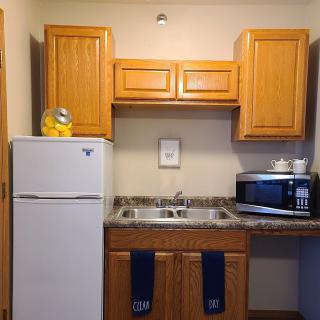 A compact kitchen area with wooden cabinets, a fridge, sink, and microwave.