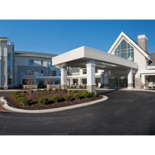 A modern hotel entrance featuring an inviting design and well-maintained landscaping.