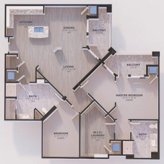 3D floor plan of a modern apartment layout with labeled rooms.
