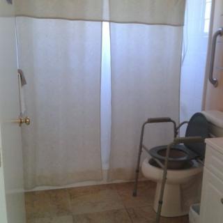 An accessible bathroom with a toilet and grab bar next to a shower area.