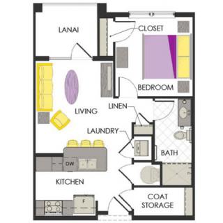 A one-bedroom apartment floor plan featuring a living room, kitchen, bathroom, laundry area, and lanai.