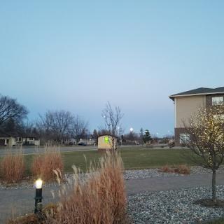 A serene evening in a park, featuring natural elements and a building in the background.