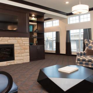 A modern living room with a fireplace and stylish furnishings.