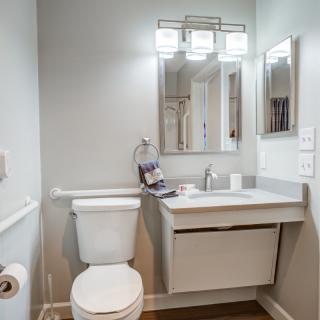 A modern bathroom with a toilet, sink, and mirror under stylish lighting.