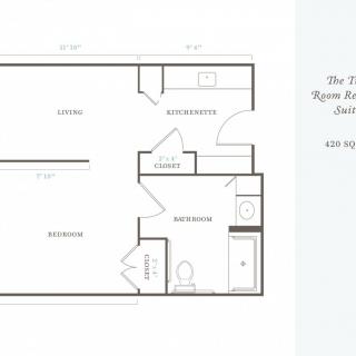 Layout of a one-bedroom apartment with labeled rooms and dimensions.