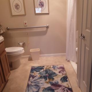 A neatly organized bathroom with floral decor and a colorful rug.