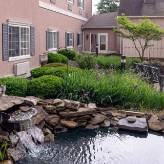 A serene courtyard with a pond and waterfall, surrounded by lush greenery and bordered by a building exterior.