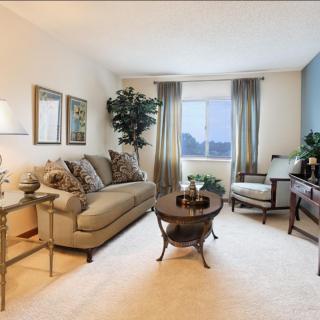 A cozy and elegantly furnished living room with a comfortable sofa, coffee table, and decorative elements.