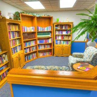 A cozy reading nook with bookshelves filled with books and a comfortable armchair.