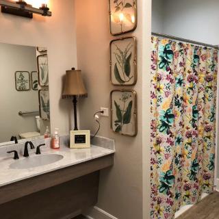 A cozy bathroom with a vibrant shower curtain and tasteful decor.