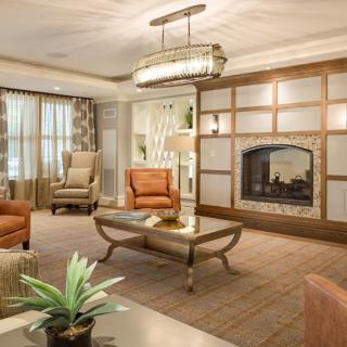 A cozy and elegantly designed living room with a fireplace, comfortable seating, and modern decor.