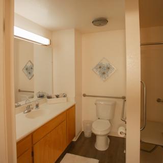 A clean and spacious bathroom with a large mirror, wooden cabinets, and a shower.