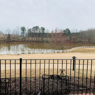 A serene view of a waterlogged field bordered by trees, framed by a decorative fence.