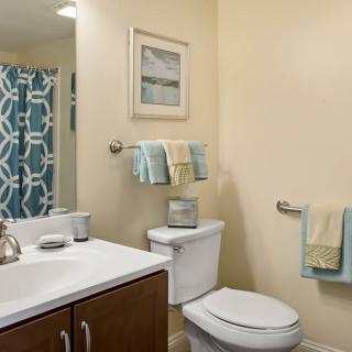 A modern bathroom with a wooden vanity, sink, and a blue patterned shower curtain.