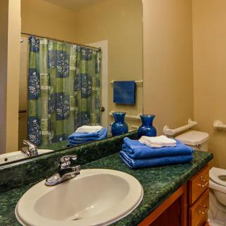 A well-organized bathroom with a green and blue color scheme, featuring a sink, mirror, neatly folded towels, and a decorative shower curtain.