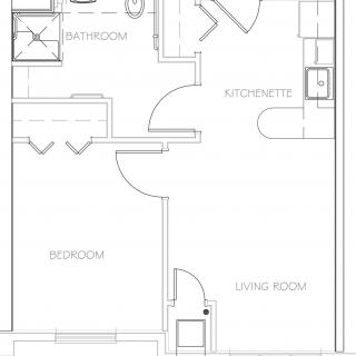 A floor plan of a one-bedroom apartment featuring a living room, kitchen, bathroom, and bedroom.