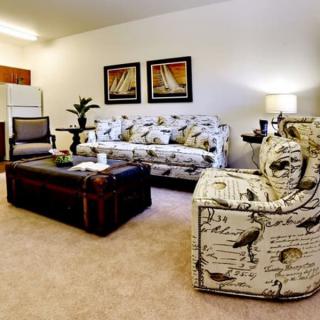 A cozy living room with a sofa, armchair, coffee table, and decorative wall art.