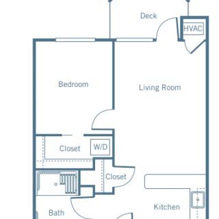 A floor plan of a one-bedroom apartment showing the living room, kitchen, bathroom, and closets.