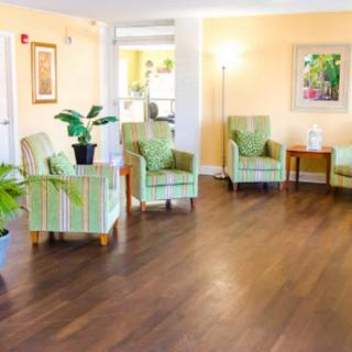 A bright and inviting waiting area with comfortable seating and plants.